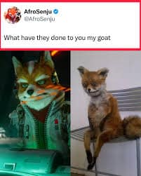 Star Fox remake meme comparison showing the new Fox McCloud next to the infamous "Stoned Fox" taxidermy meme, highlighting the hauntingly similar hollow-eyed expressions.