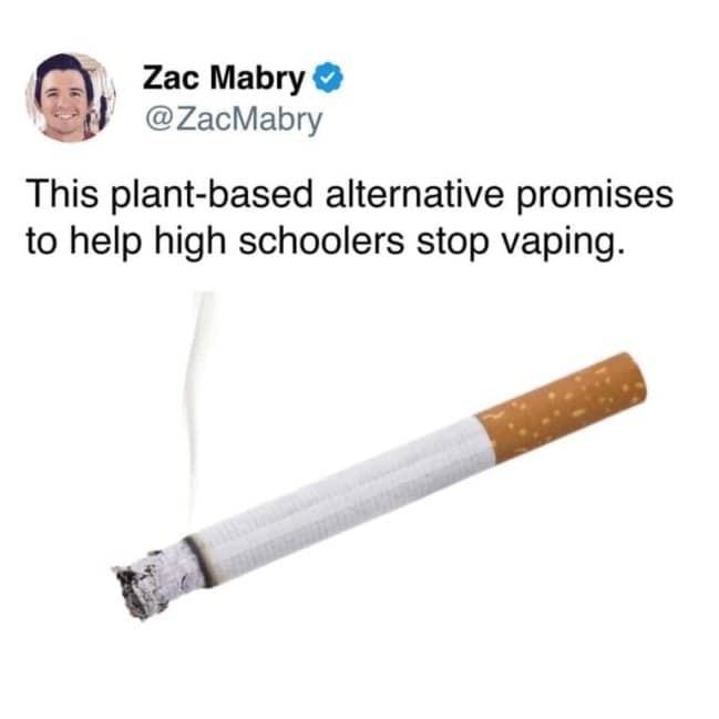 A photo of a lit cigarette with a caption calling it a plant-based alternative to vaping.
