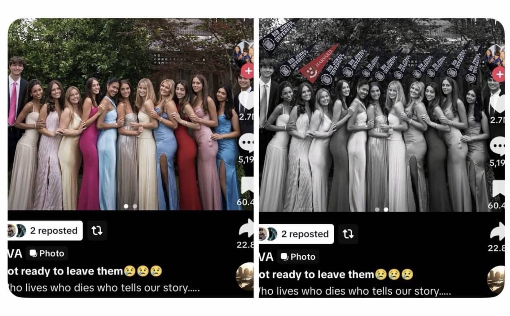 TikTok post showing high school group edited with Bob Jones University and Harvard banners.