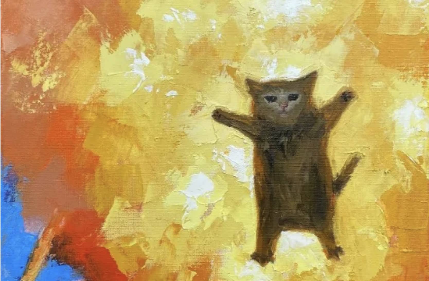 Oil painting reproduction of the crying cat meme with raised arms against a yellow background.