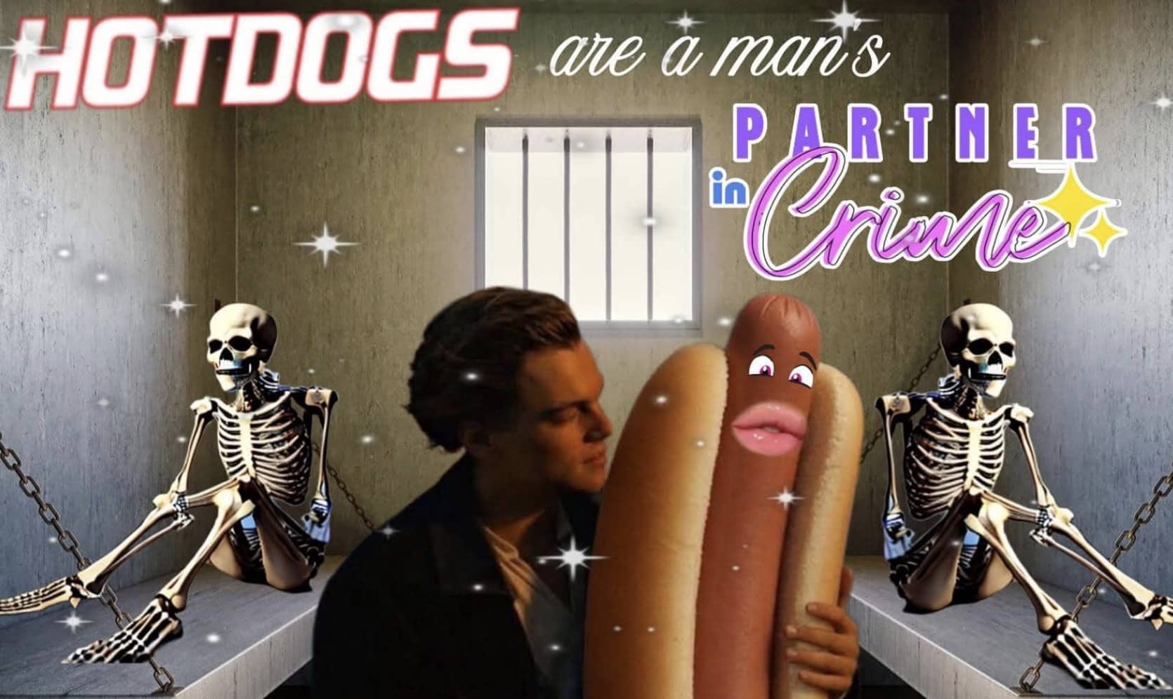 Leonardo DiCaprio hugging a giant hotdog with a face inside a jail cell with skeletons.