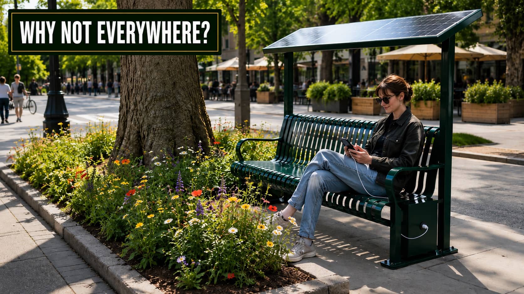 Solar powered park bench meme with woman charging phone and text asking why not everywhere.