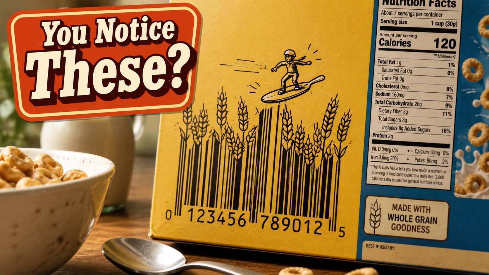 Creative barcode on a cereal box integrated into a vector drawing of a wheat field.