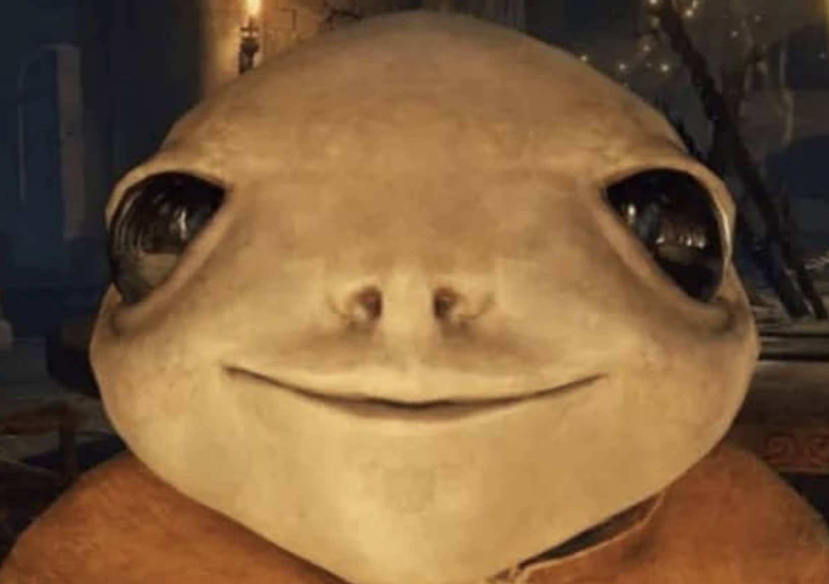 Funny meme close-up face of a bald alien creature smiling with large dark eyes.