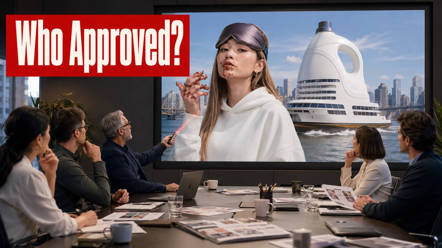 Corporate marketing team reviewing a bizarre, AI generated advertisement featuring a cruise ship shaped like a laundry detergent bottle.