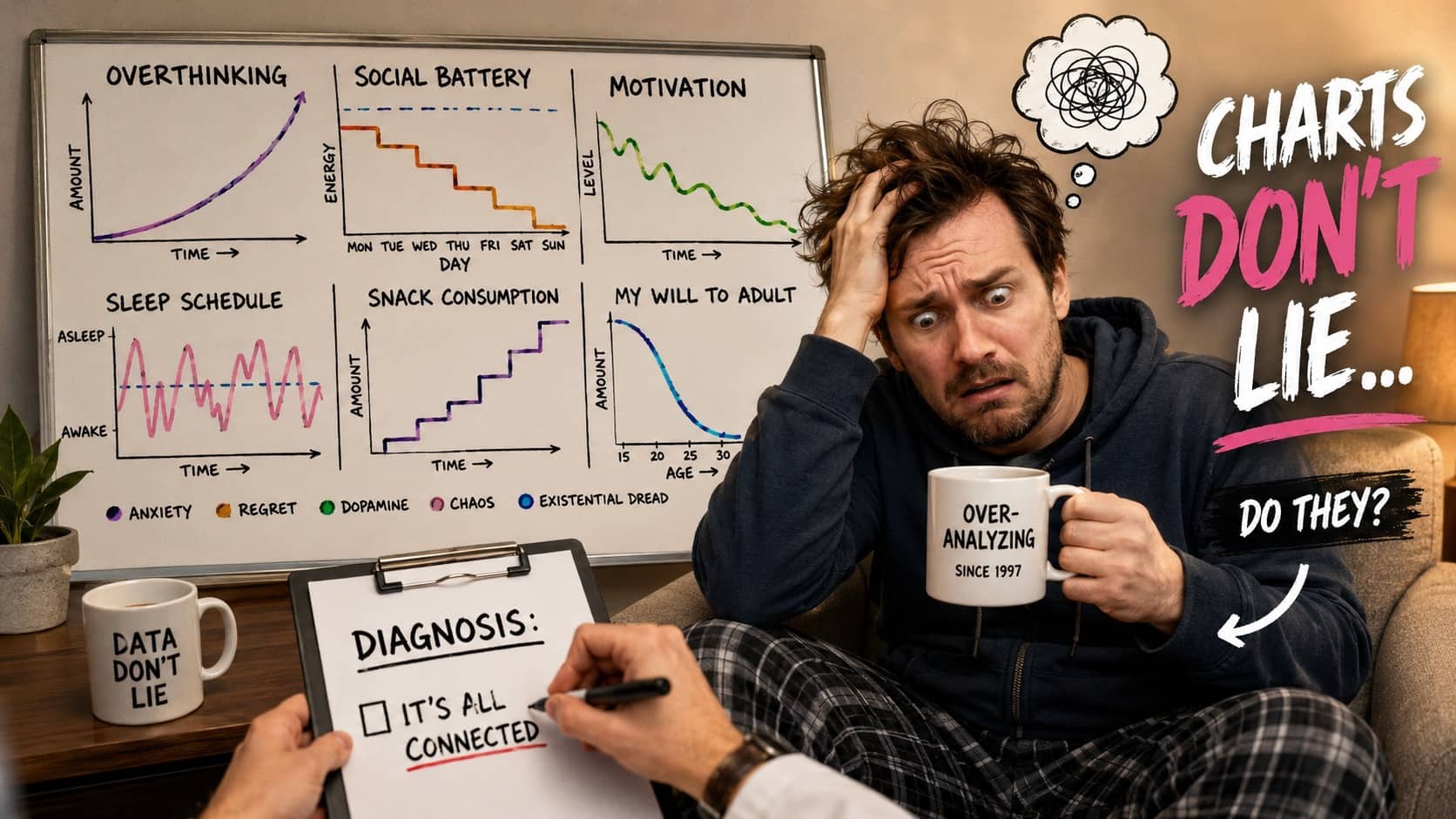 Stressed man holding a coffee mug in front of a whiteboard filled with chaotic graphs.