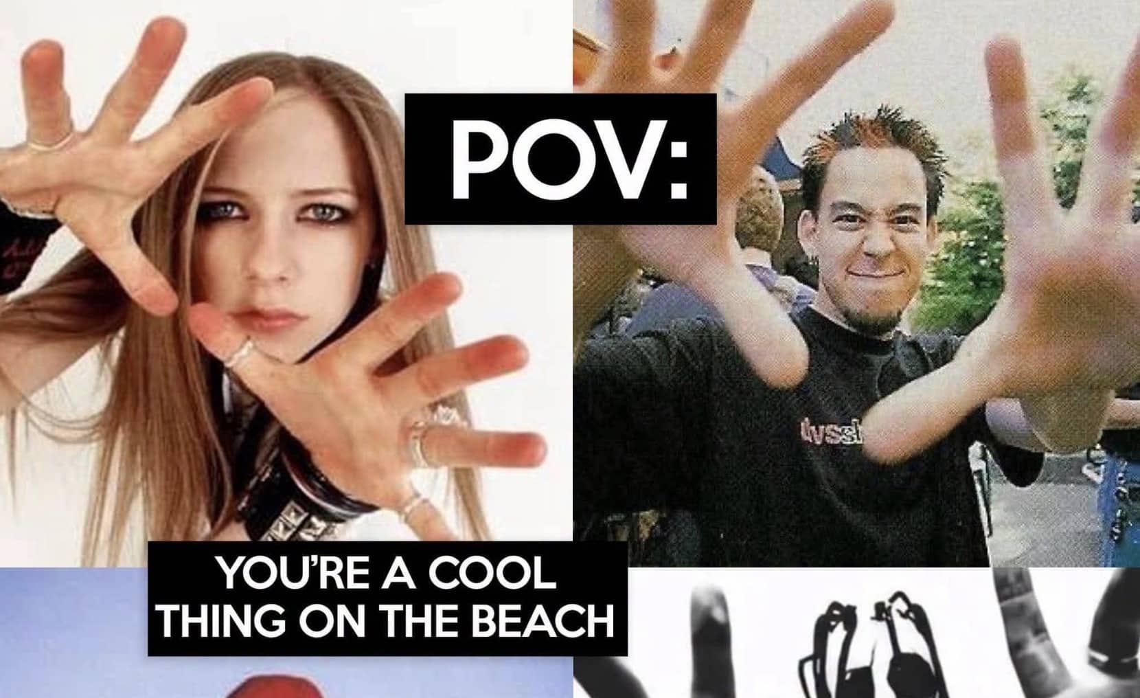 Relatable point of view meme featuring 2000s musicians Avril Lavigne and Mike Shinoda reaching for the camera.