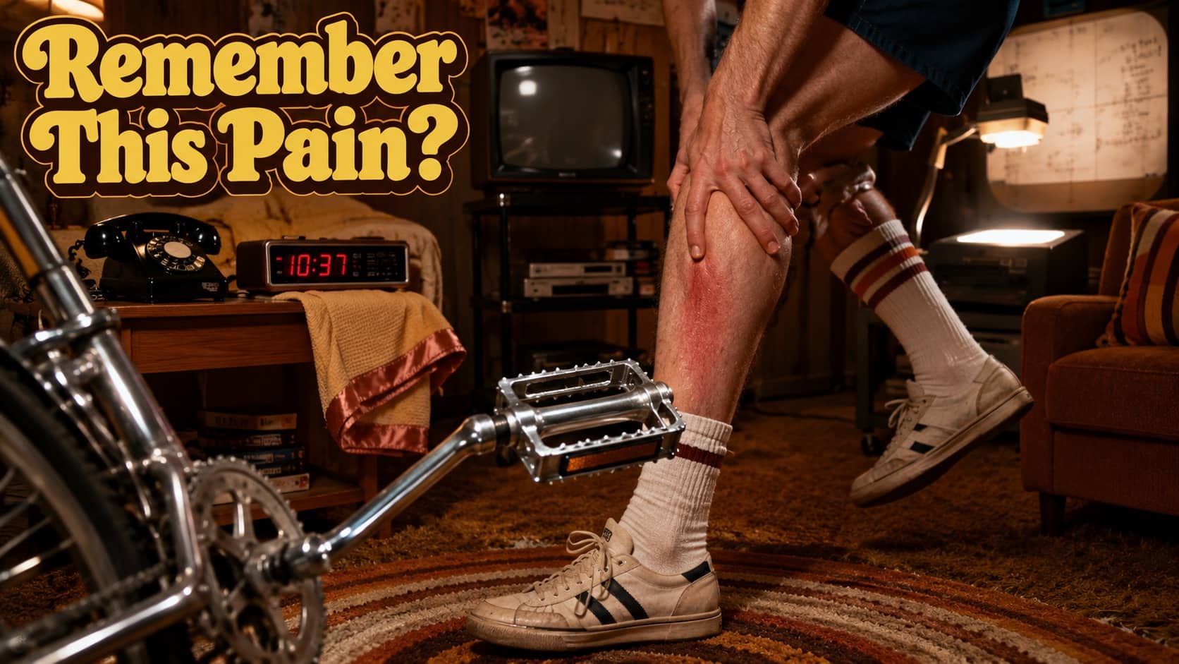 Person clutching a scraped leg next to a retro metal bicycle pedal in a nostalgic room.