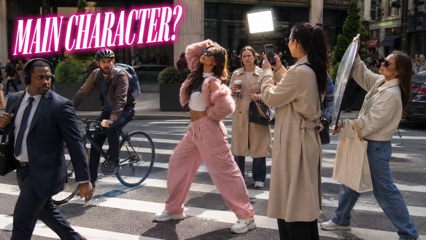 Social media influencer in pink outfit poses in crosswalk while crew films with lighting equipment.