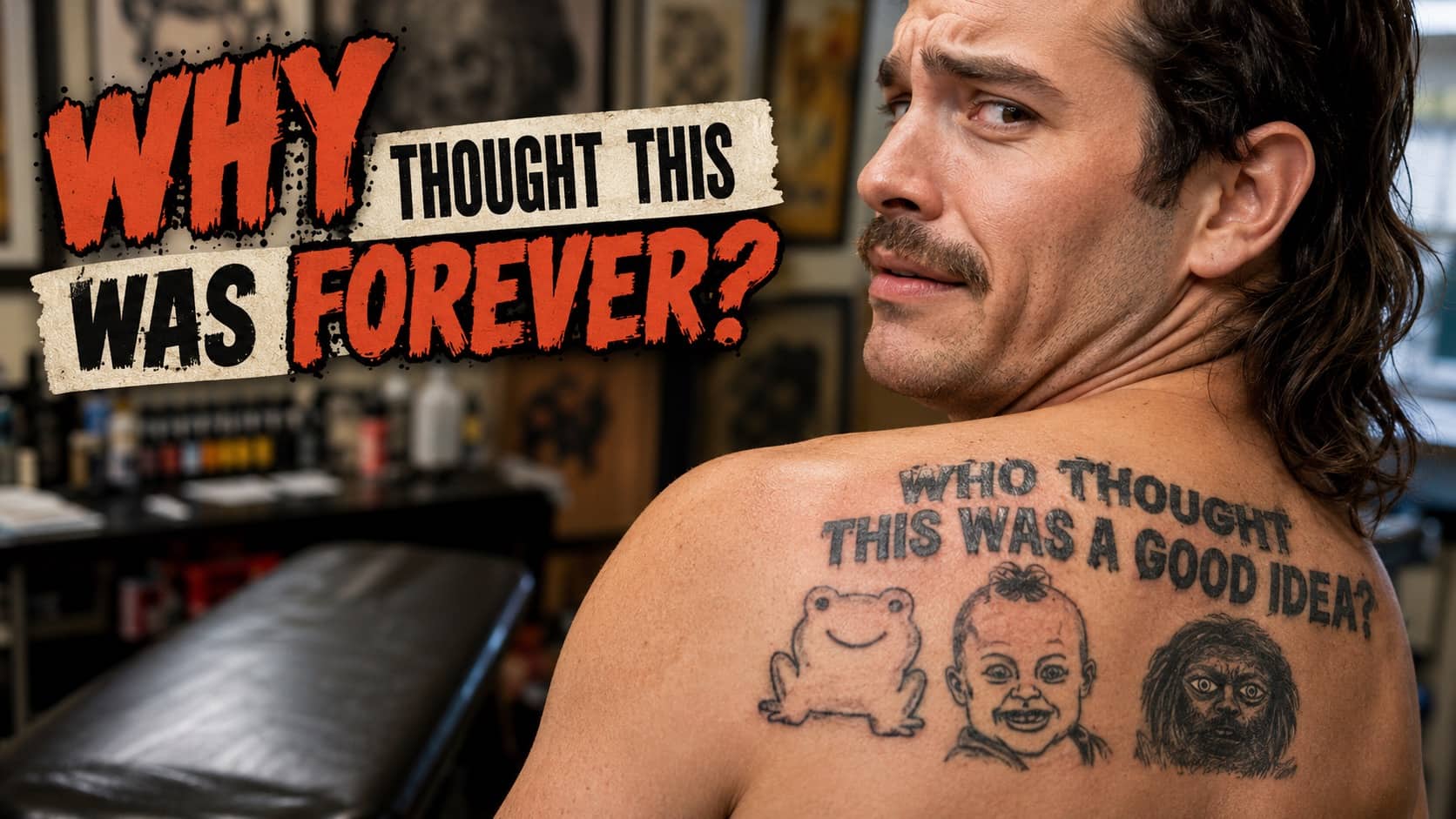 A man looking over his shoulder revealing a humorous bad tattoo of a frog and faces.