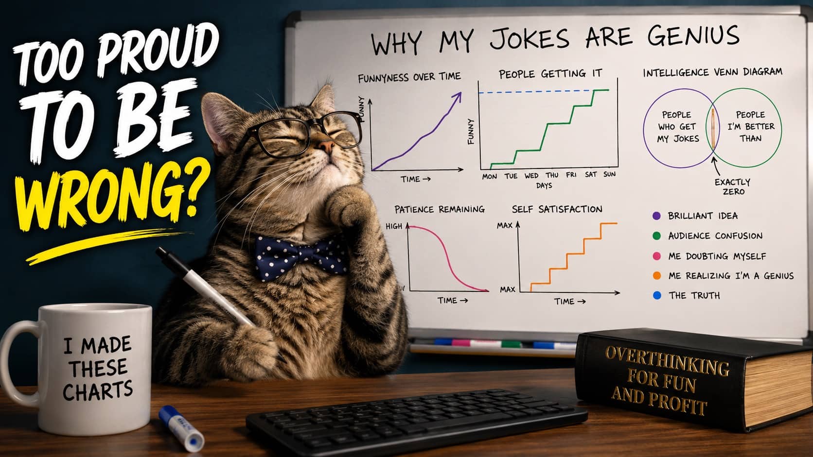 Smug tabby cat wearing glasses and a bowtie next to graphs about genius jokes.