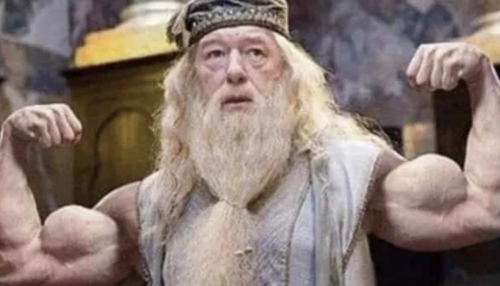 Headmaster Albus Dumbledore from Harry Potter edited with muscular bodybuilder arms flexing his biceps.