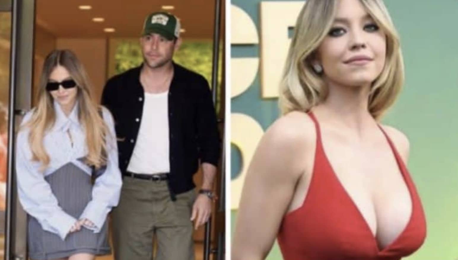Funny split image meme comparing actress Sydney Sweeney in casual clothes versus a glamorous red dress.
