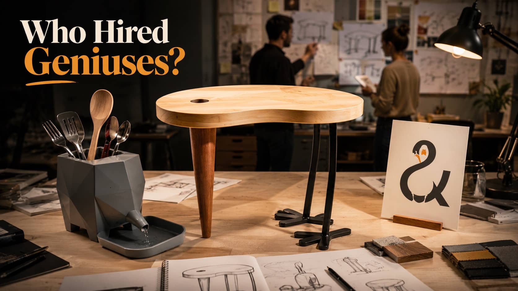 Quirky kidney bean table with bird legs on a workshop desk displaying amazing designs.