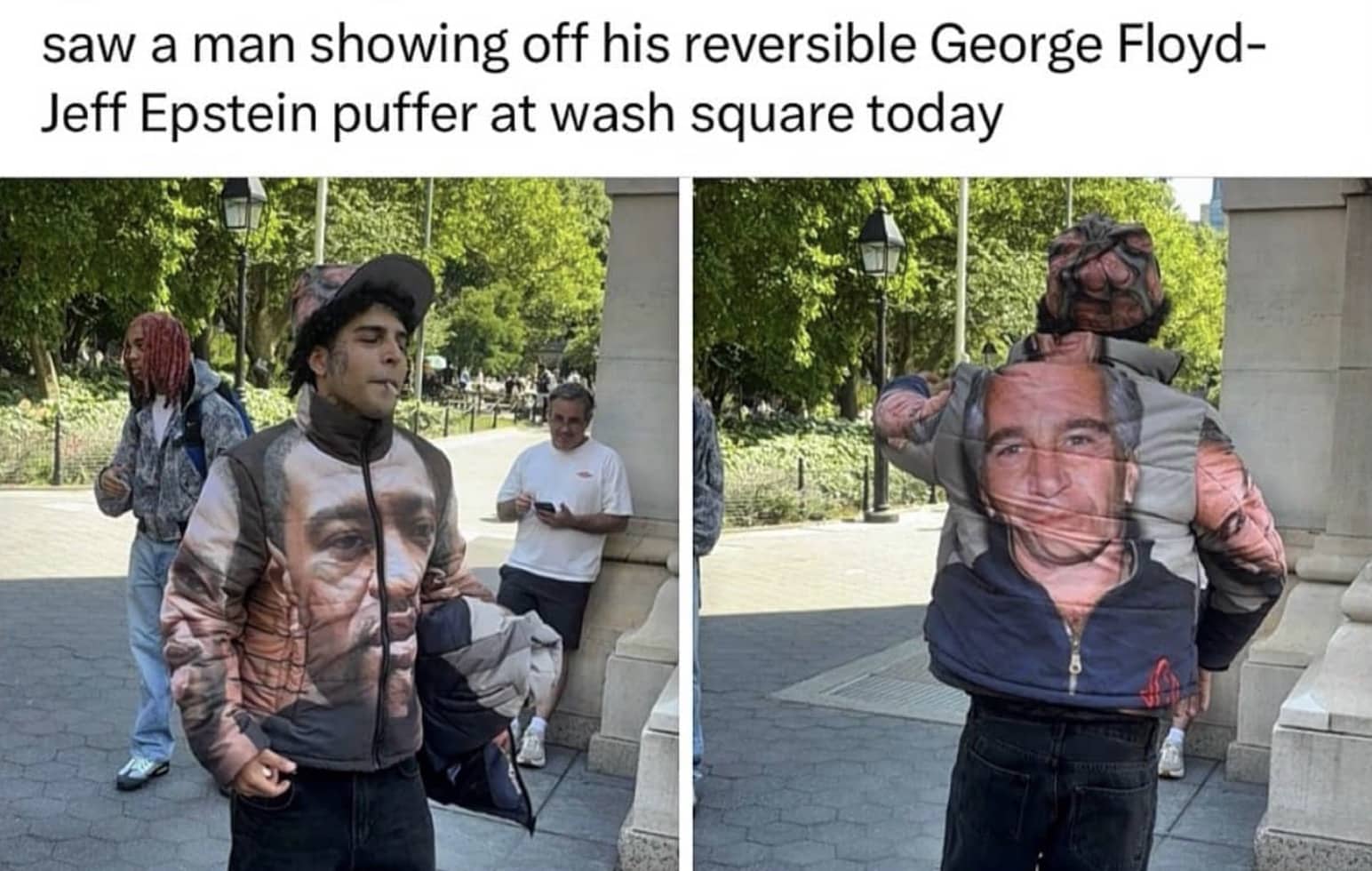 Man wearing a reversible puffer jacket featuring printed faces, showcasing weirdly funny memes.
