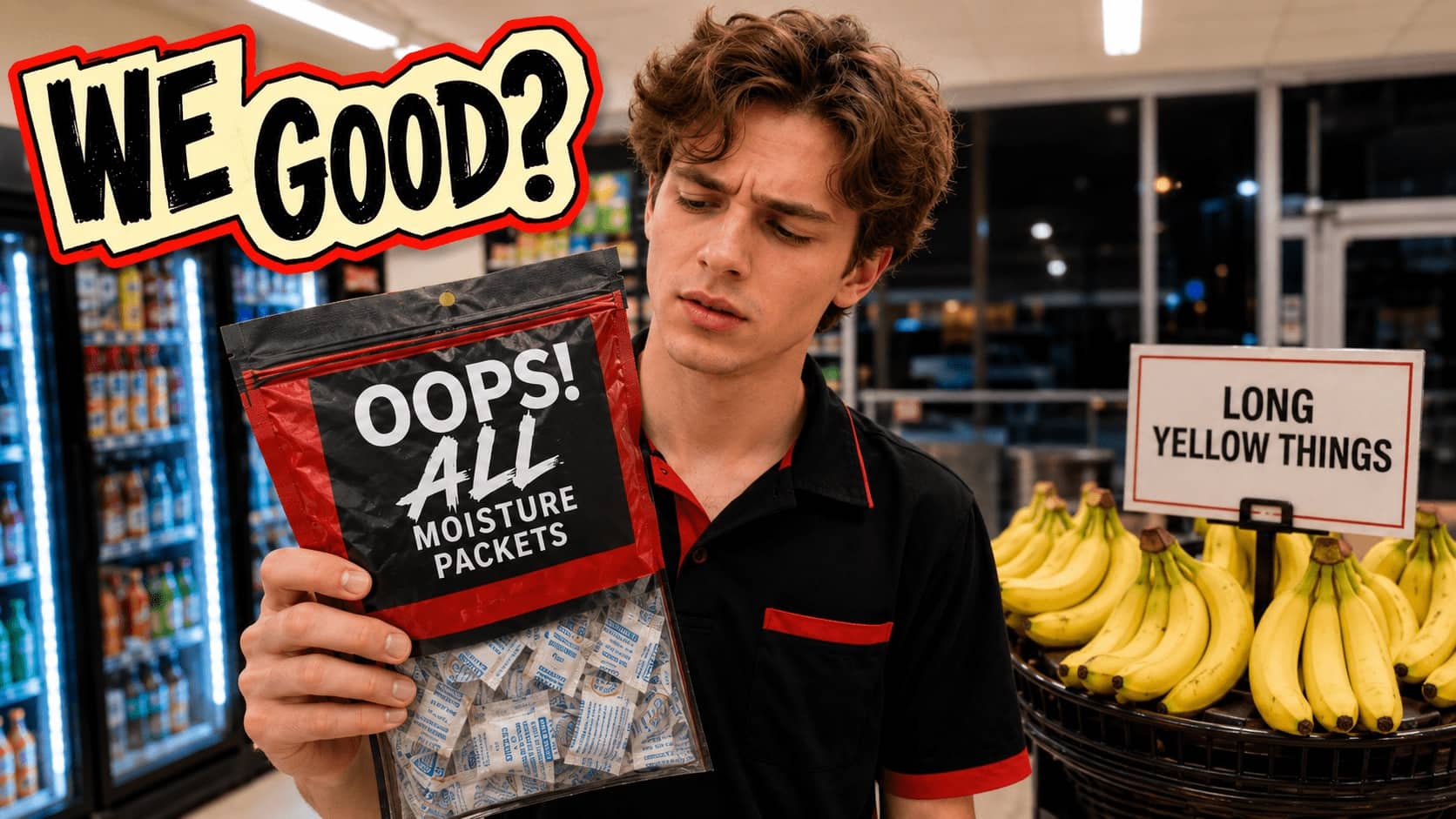 Confused grocery store clerk holding a bag of moisture packets near a sign for long yellow things