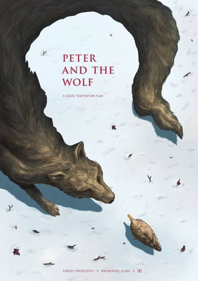 Film poster for Peter and the Wolf showing a snowy ground landscape where a wolf's body creates a boy's face silhouette.