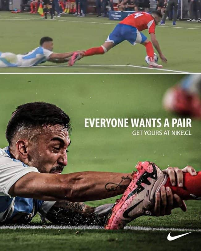 Clever print advertisement featuring a split action shot of a professional soccer player grabbing an opponent's shoe.