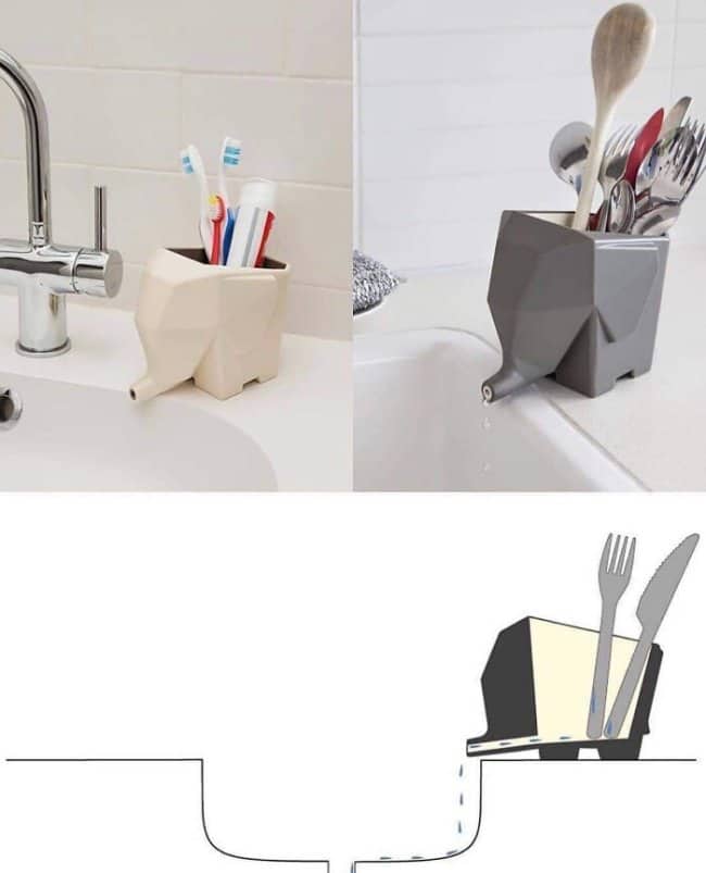 Product shots and a diagram of an elephant shaped utensil holder draining water through its trunk into a sink.