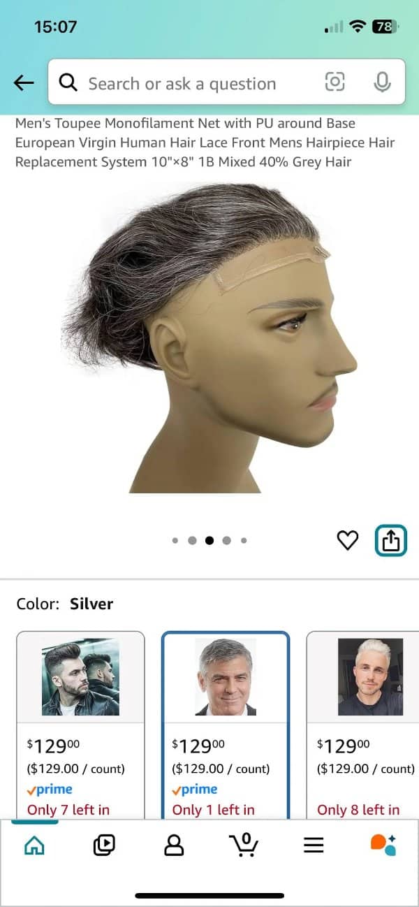 A side-view product picture of a gray toupee on a bald mannequin head listing.