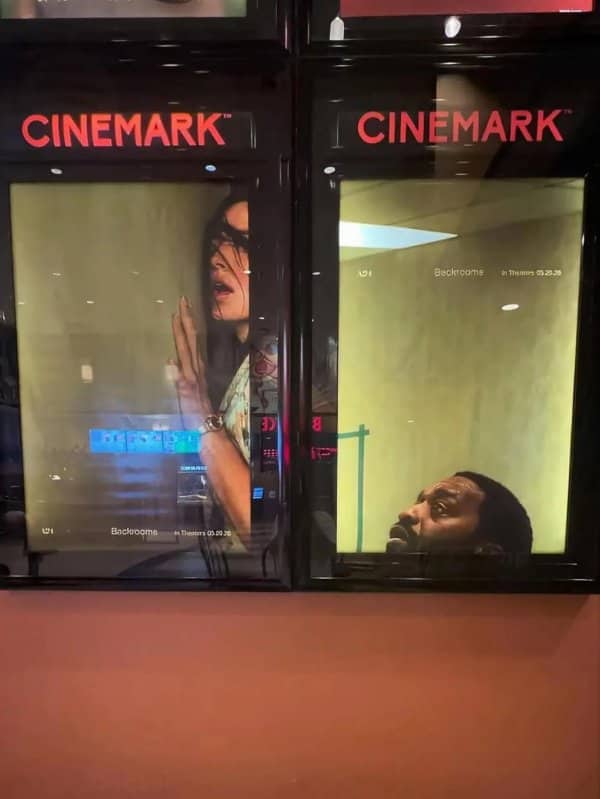 Two misaligned Cinemark movie posters creating an accidental, hilarious portrait split across panels.