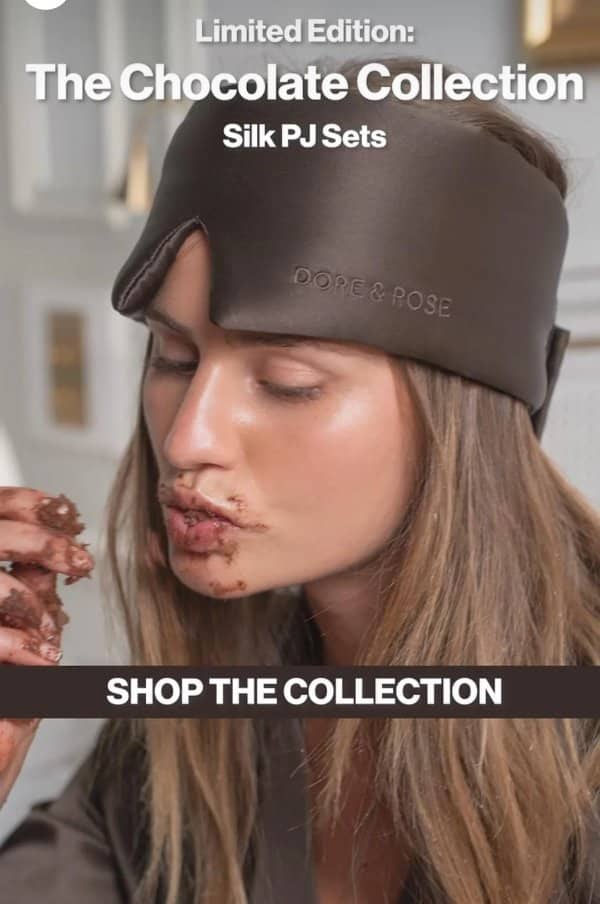 A promotional ad for silk pajamas featuring a model with messy chocolate smeared on her lips.