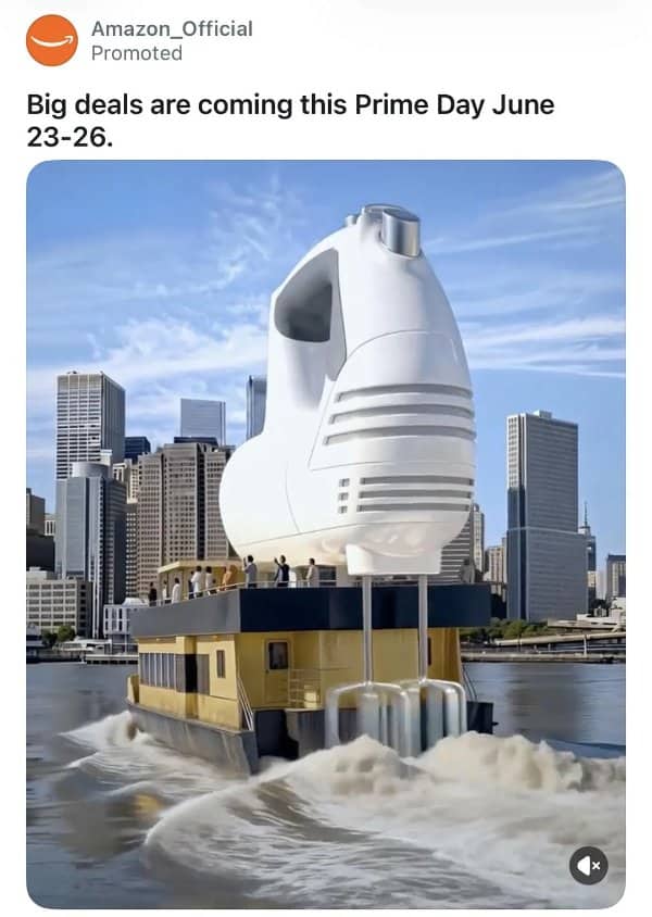 A bizarre Amazon Prime Day advertisement showing a giant kitchen hand mixer on a boat.