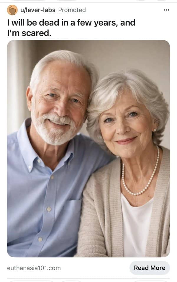 A dystopian online advertisement featuring a smiling senior couple next to dark, terrifying text.
