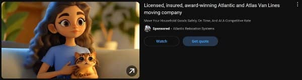 A creepy, distorted AI-generated promotional image for a moving company featuring a cartoon girl.