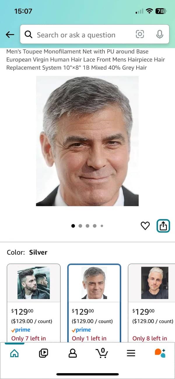 An online product listing for a silver hairpiece featuring a photo of George Clooney.