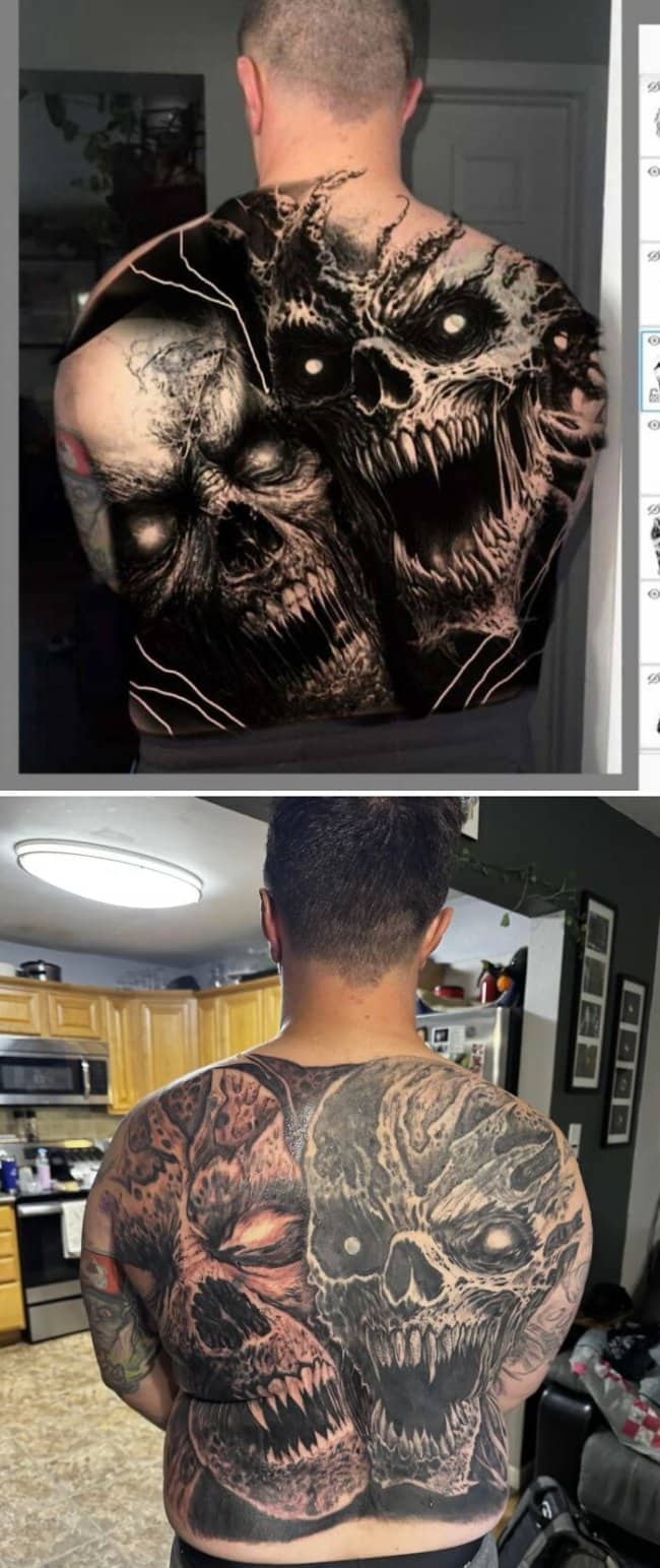 Full back demonic skull tattoo Photoshop concept contrasted with a lighter, poorly shaded real-life execution.