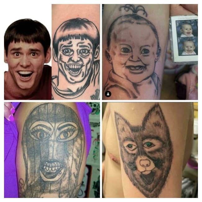 Collage of four terrible tattoos including Jim Carrey in Dumb and Dumber, a creepy baby, and a wolf.