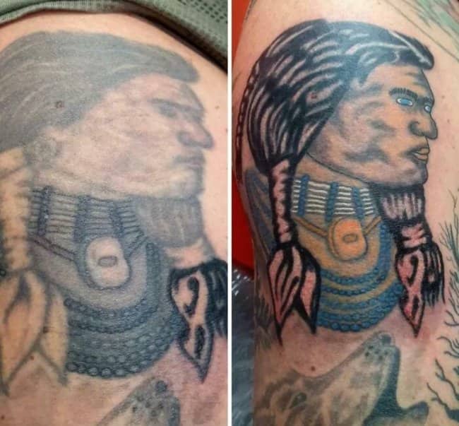 Side-by-side comparison of a faded profile portrait tattoo refreshed with jarringly bright blue eyes.