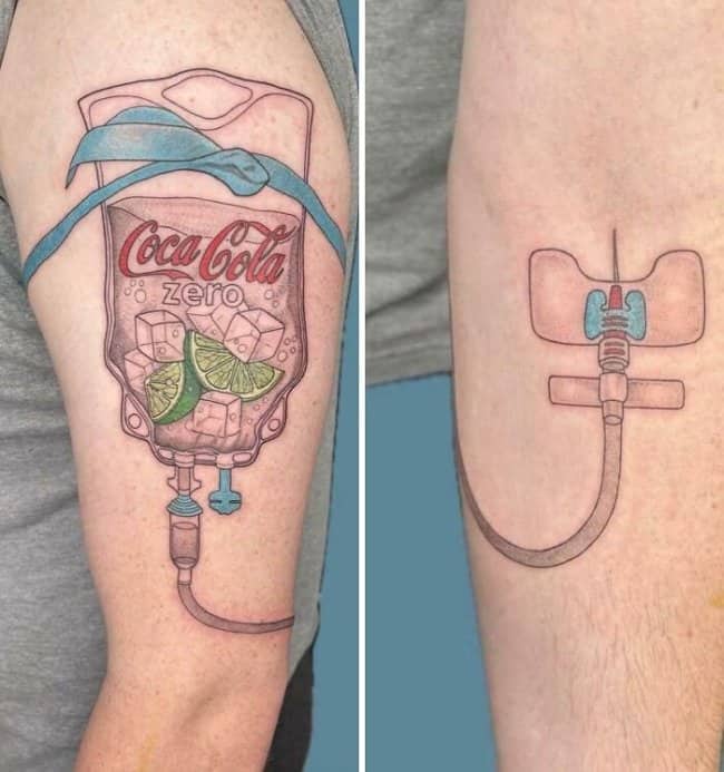 Arm tattoo of a medical IV drip bag filled with ice, lime wedges, and Coca-Cola Zero.