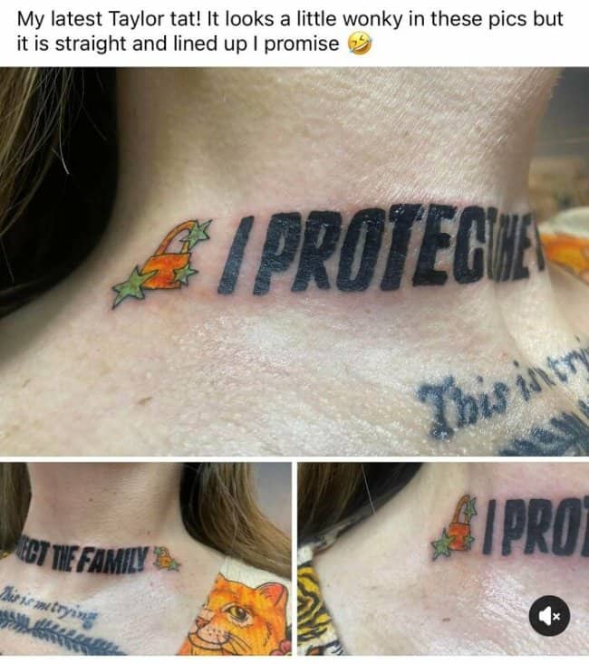 A neck tattoo reading I PROTECT THE FAMILY in massive block letters next to a tiny padlock.