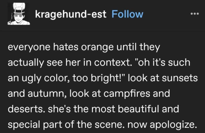 A passionate dark-mode Tumblr text post operating as a creative classic meme demands a formal public apology for the color orange, fiercely defending its beauty in sunsets, campfires, and autumn leaves.