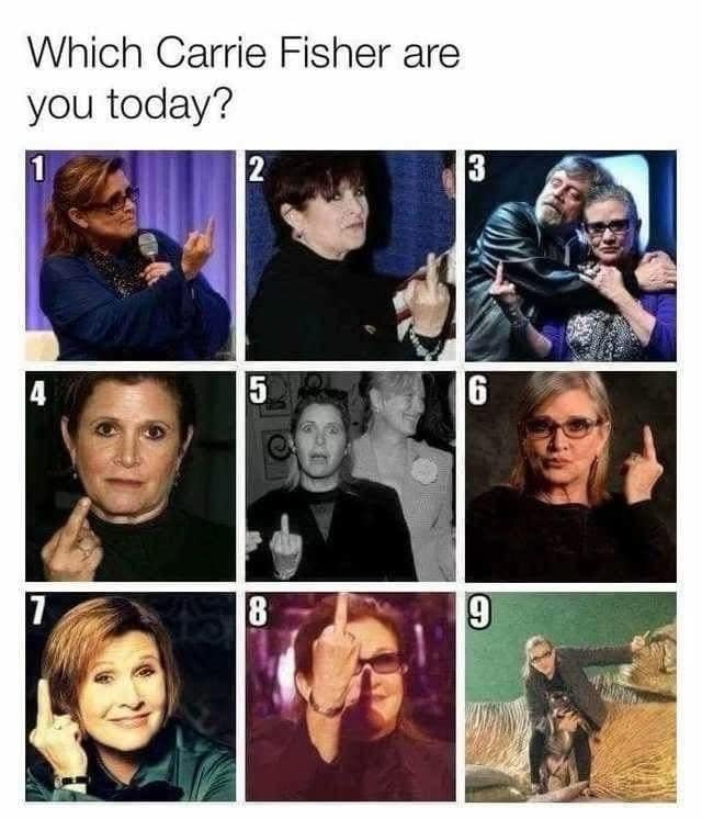 Carrie Fisher 3x3 photo matrix titled "Which Carrie Fisher are you today?", with every picture showing her defiantly flipping off the camera in a classic meme.