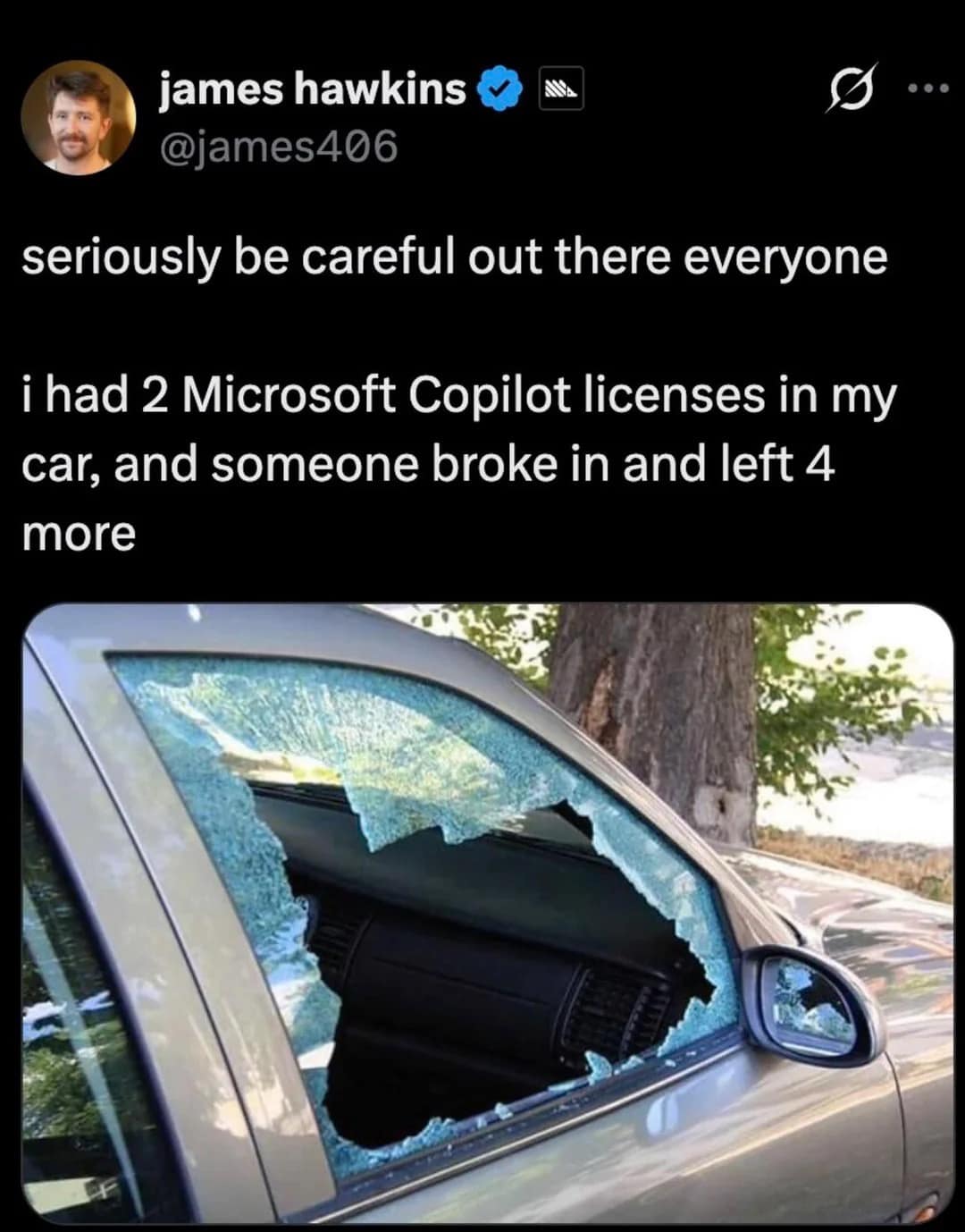 A classic meme Twitter joke from James Hawkins warning about vehicle break-ins where a thief smashes a car side window not to steal items, but to maliciously leave four extra Microsoft Copilot licenses inside the vehicle.