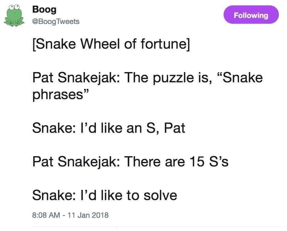 A comical script-style tweet screenshot functioning as a classic meme detailing a fictional "Snake Wheel of Fortune" game show interaction loaded with sibilant puns.