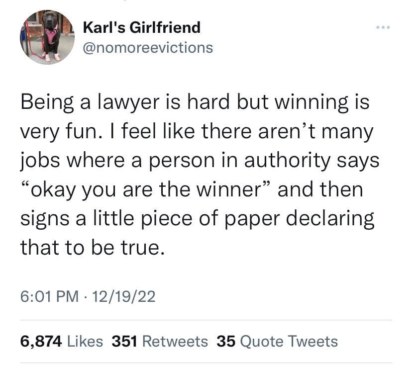A classic meme text screenshot of a tweet by user Karl's Girlfriend humorously oversimplifying white-collar professions: "Being a lawyer is hard but winning is very fun. I feel like there aren’t many jobs where a person in authority says 'okay you are the winner' and then signs a little piece of paper declaring that to be true."