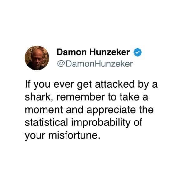 A classic meme text tweet screenshot by Damon Hunzeker delivering dry, cynical advice: "If you ever get attacked by a shark, remember to take a moment and appreciate the statistical improbability of your misfortune."