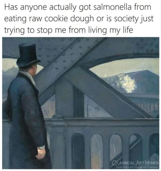 Impressionist painting graphic structured as a classical art meme featuring a man in a black top hat standing on a bridge, overlooking a distant train beneath text questioning the medical realities of salmonella from raw cookie dough.