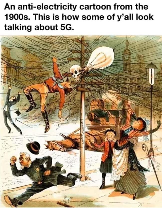 Early 20th-century political cartoon repurposed as a classical art meme showing city pedestrians panicking over an electric line pole with text comparing it to modern 5G cellular network conspiracies.