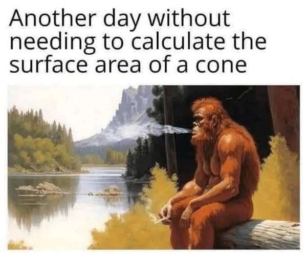 A painting of Bigfoot smoking a cigarette by a serene lake, representing clever jokes about high school geometry.