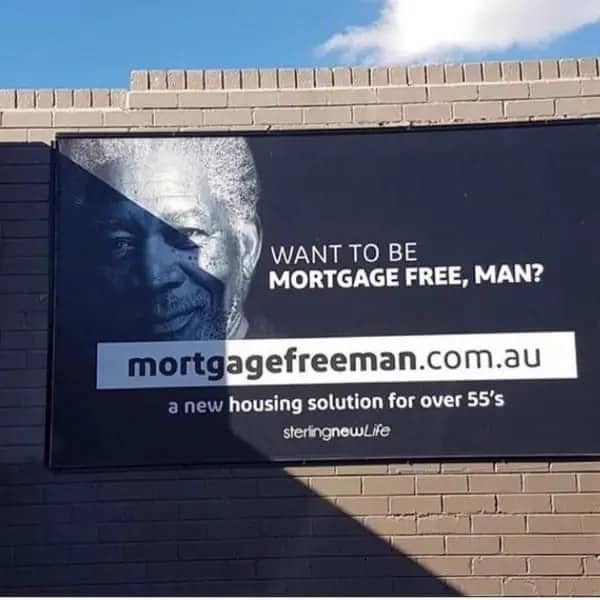 A housing billboard featuring Morgan Freeman with a web address punning his name for clever jokes.