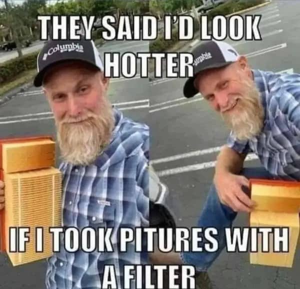 A man wearing a plaid shirt holding a massive vehicle air filter for clever jokes puns.