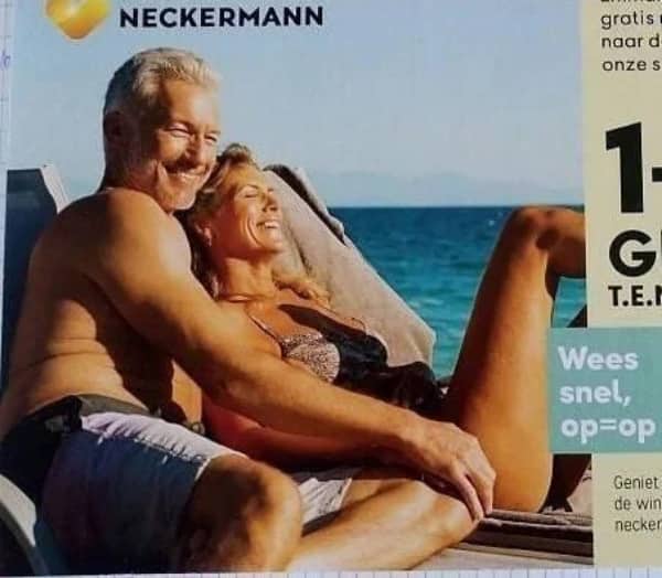 A beach advertisement where a man's leg aligns perfectly with a woman's torso, creating a bizarre optical illusion.
