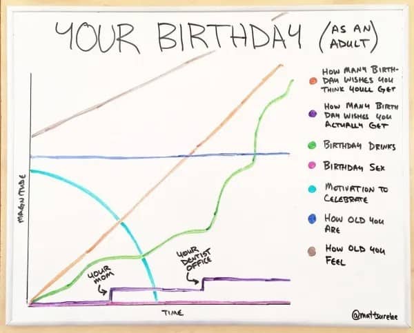 A funny line graph breaking down the depressing emotional data of celebrating your birthday as an adult.