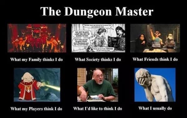 classic six-panel "What People Think I Do" grid formatted as a hilarious d&d meme for Dungeon Masters, contrasting dark cult assumptions and miniature puppets with a final picture of a stone statue facepalming out of pure stress.