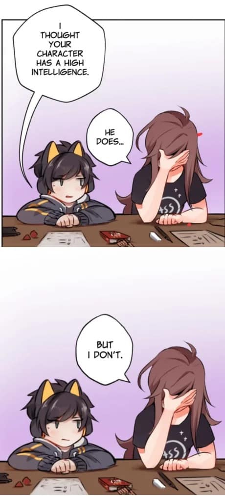 A funny two-panel webcomic panel turned into a d&d meme showcases a cat-eared character pointing out, "I thought your character has a high intelligence." The adjacent brunette character covers her face in absolute shame, delivering the punchline: "He does... but I don't."